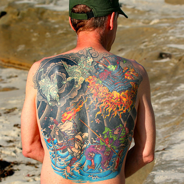 Image of a full back tattoo, called "Fire and Ice"