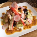 Roasted root vegetable salad with king crab