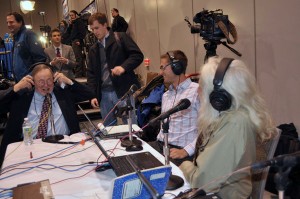 Congressman Don Young (left) sits down with Peter Granitz (center) and Steve Heimel (right) at election central during the 2012 election. APRN file photo.