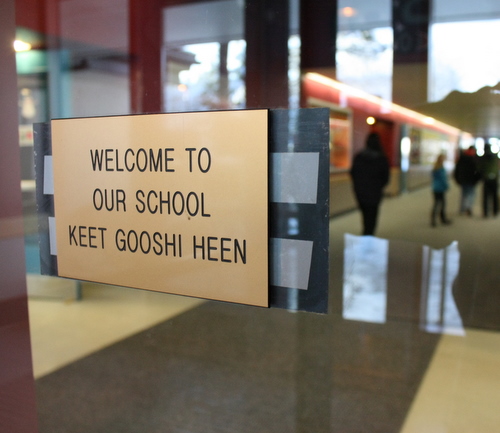 Students and staff walk through the hallway at Keet Gooshi Heen Elementary School on Monday. (Photo by Ed Ronco/KCAW)
