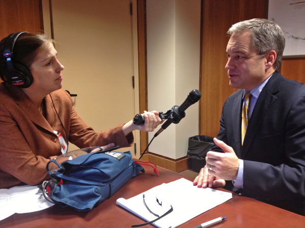 APRN's Lori Townsend (left) talks with Governor Sean Parnell (right). Photo by Annie Feidt, APRN - Anchorage.