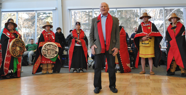 Local Tlingit tribe members provided a warm welcomed to UAA's special guest speaker Buzz Aldrin with singing and dancing. Photo by Alexander S. Duerre 