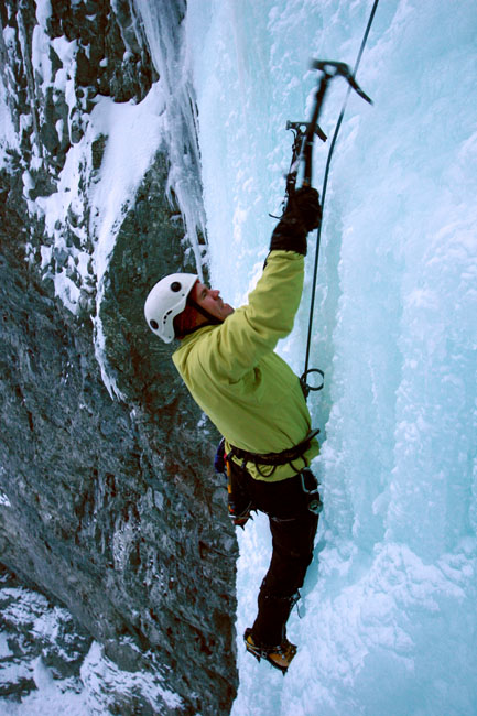 Matt Szundy ice climbing Gravel Creek Pillar. Photo by James Brady.