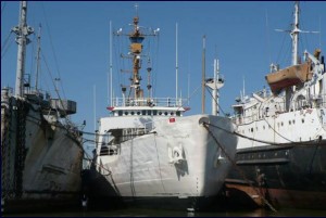 The retired USCGC Storis (middle) sits in storage at the National Defense Reserve Fleet shipyard at Suisun Bay, California. Photo courtesy Storis Museum and Educational Center.