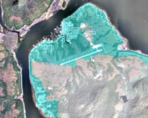 The area in blue shows elevation below 100 feet on the north end of Mitkof Island. Areas not colored blue are above 100 feet. Image courtesy of Emil Tucker.