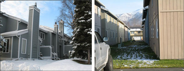 (Left) This development has more space between structures and private open spaces that are accessible to their units. (Right) The new open space requirements are trying to improve the quality and dimensions of spaces in between buildings over what is pictured here above. Photos courtesy of the Municipality of Anchorage