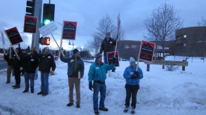 Union supporters rally in protest of AO37 outside an Assembly meeting in February. Photo by Daysha Eaton, KSKA - Anchorage.