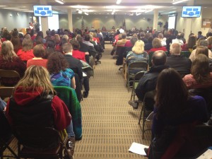People packed the Anchorage Education Center Monday night to testify against budget cuts. Photo By Daysha Eaton, KSKA