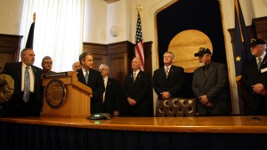 Gov. Sean Parnell signed HB 27 Wednesday with an audience of veterans. Photo courtesy Alaska House Majority