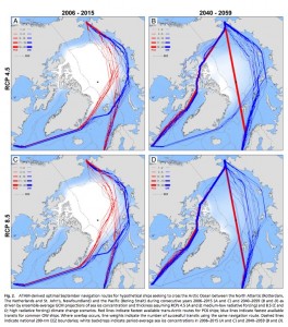 Red lines indicate the fastest possible routes for light icebreakers, blue lines show the fastest possible routes for open water vessels. Images courtesy of Laurence Smith.