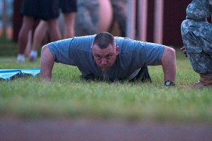 Sgt. Daniel S. Alsdorf, completed 72 pushups for the Army Physical Fitness Test, May 18. Photo by Army Spc. David W. Harthcock.