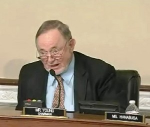 Alaska Rep. Don Young oversees a Thursday House Committee on Indian and Alaska Native Affairs hearing on Sealaska land-selection legislation. Image courtesy the committee.