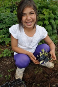Helping plant a garden during a Day Camp session in Angoon.