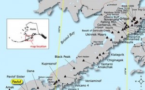 Index map showing location of Pavlof volcano and other Alaska Peninsula volcanoes. Image by Seth Snedigar and Janet Schaefer.