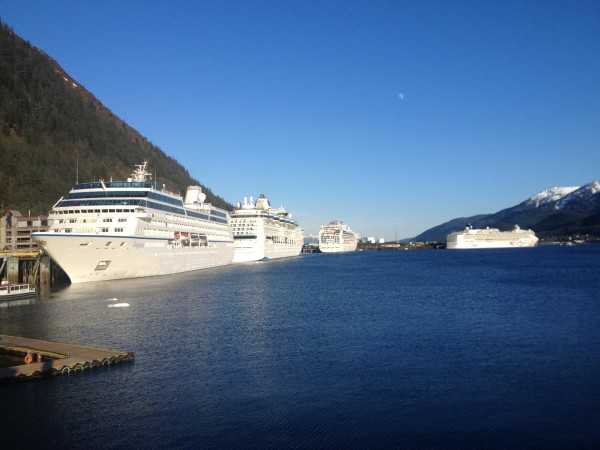 During the summer months, Juneau can get as many as seven cruise ships in a day. (Alexandra Gutierrez/APRN)