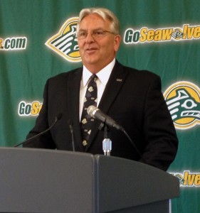 New UAA Athletic Director Keith Hackett addresses the media on Sept. 20. Photo by Josh Edge, APRN - Anchorage.