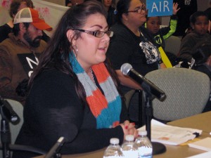 Castle Mountain Coalition anti coal activist Jamie Duhamel  testifies at the Alaska Mental Health Trust Authority board of directors meeting.  Duhamel and others want the Trust to divest itself of coal interests. Photo by Ellen Lockyer, KSKA - Anchorage.
