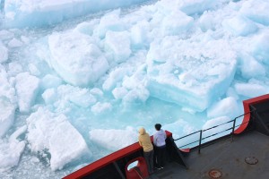 Scientists watch from the deck of the U.S. Coast Guard Cutter Healy as it cuts through multiyear sea ice in the Arctic Ocean on July 6, 2011. —Credit: NASA/Kathryn Hansen