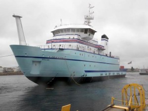 Sikuliaq floats in the Menominee River just after launch. Photo by Dan Bross, KUAC - Fairbanks.