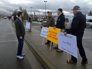 Fishermen gathered in protest in front of the South Anchorage Walmart on Tuesday. Photo by Daysha Eaton, KSKA - Anchorage.