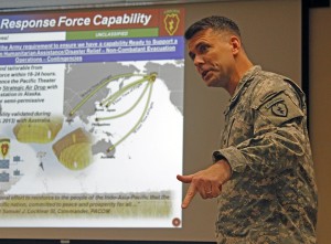 Colonel Matt McFarlane, the commander of the 425 Brigade explains the mission of the only Airborne unit west of the Mississippi River. Photo by Josh Edge, APRN - Anchorage.