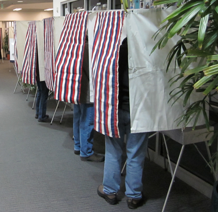 Voters stand inside voting booths with their legs showing.