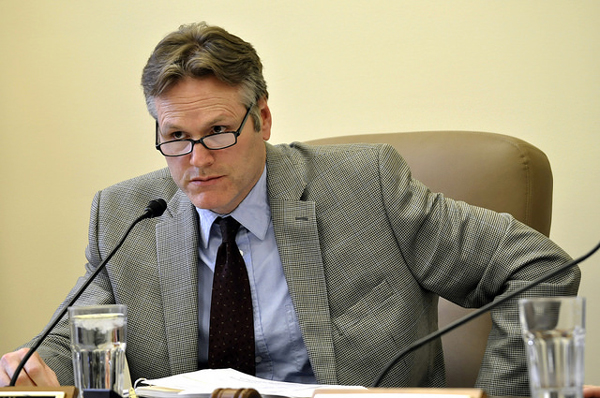 Sen. Mike Dunleavy, chairman of the Senate Labor and Commerce committee, listens during a committee meeting, Feb. 18, 2014. (Photo by Skip Gray/Gavel Alaska)
