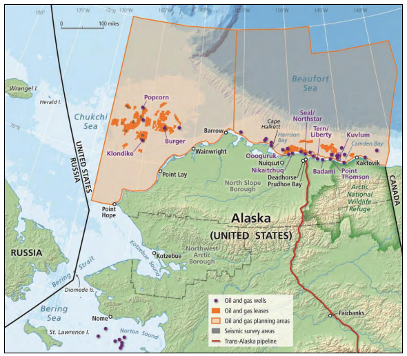 Oil and gas planning areas in the Chukchi and Beaufort Seas. Oil and gas lease areas are shown in  orange, with seismic survey areas shown in gray. Selected oil and gas wells, some in Alaskan state waters and some  in federal waters, are shown as purple dots. Some coastal communities and cities are also shown.  (Image from the National Research Council)