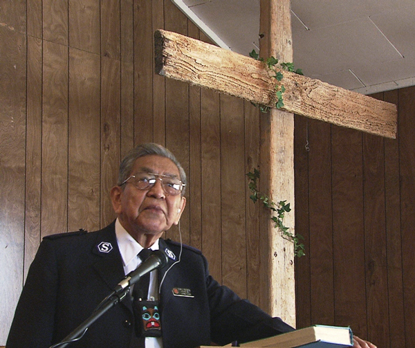 Cyril George Sr. in 2007, speaking at Angoon Presbyterian Church, where his son Joey George is pastor. (Photo by Skip Gray/KTOO)