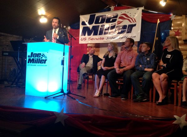 Candidate Joe Miller, with family in front row in 2014 (Photo by Liz Ruskin, Alaska Public Media - Anchorage)