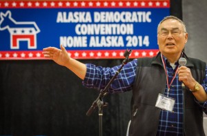 Former Unalakleet representative Chuck Degnan addressed the crowd at the Alaska Democrat’s convention in Nome. Photo: Matthew F. Smith, KNOM.