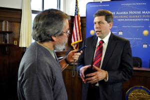 Reporter Bob Tkacz interviews U.S. Sen. Mark Begich following the senator’s annual address to the Alaska Legislature, March 3, 2014. (Photo by Skip Gray/Gavel Alaska)
