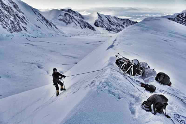 Sylvia Montag approaches Karsten's Ridge on Denali. (Photo via fox-challenge.de)