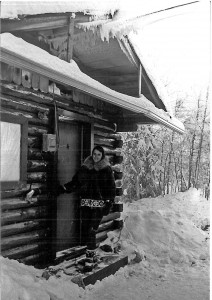 Ritchie Musick at her first cabin in Fairbanks in 1966.