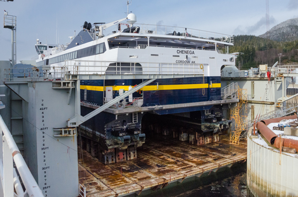 The M/V Chenega undergoes repairs in drydock at the Ketchikan Shipyard earlier this year. (Photo by Heather Bryant/KTOO)