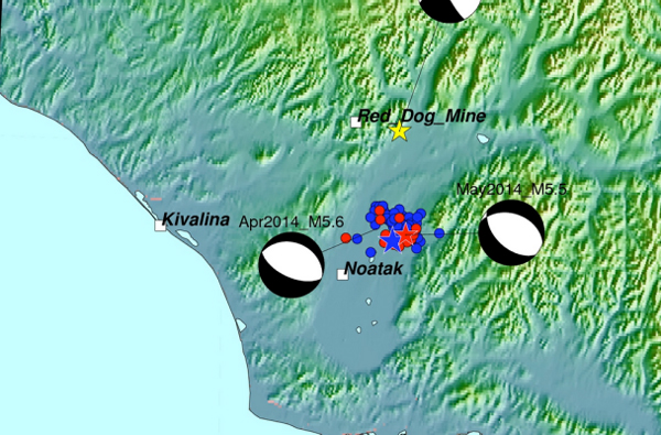 Map for April and May 2014 Earthquakes in Northwestern Alaska. (Image courtesy Alaska Earthquake Center)