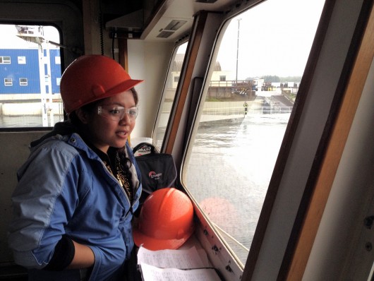 Kaila Del Rosario, 17, is one of three high school students participating in a new job training program at Vigor shipyard.