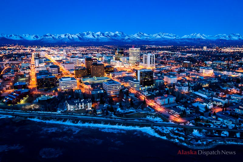 A spectacular early spring sunset over downtown Anchorage, Alaska's largest city on April 25, 2012.