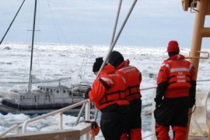 The Healy broke through Arctic ice to reach the S/V Altan Girl near Barrow on Saturday. /Credit: USCGC Healy