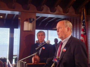 Bill Walker (rt) addresses a press conference about his decision to join Byron Mallott (lft) on a Unity Ticket. 