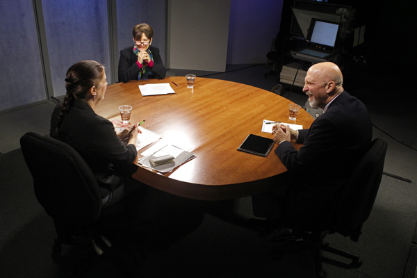 Host Lori Townsend (left), speaks with retired judge Elaine Andrews (middle), and retired Alaska Supreme Court Chief Justice Walter Carpeneti (right) on Alaska Edition. (Photo by Josh Edge, APRN – Anchorage)