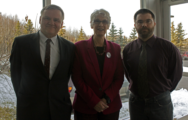 From left, Libertarian candidates Mark Fish (U.S. Senate), Carolyn Clift (Governor), and Andrew Lee (Lt. Governor). (Photo by Josh Edge, APRN - Anchorage) 