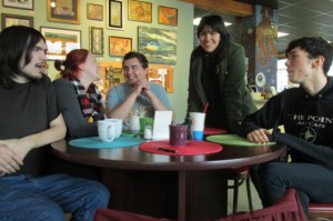 Jacob Trumble, Holly Nore, Tyler Varner, “Izm,” and Austin Kalkins meet up in a casual support group for LGBTQ people in Ketchikan.