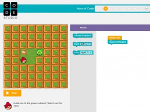 A screenshot of  the Angry Birds tutorial from an Hour of Code. 