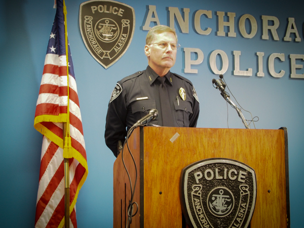 APD Chief Mark Mew spoke in front of a dozen reporters Thursday afternoon at a press conference. Photo: Zachariah Hughes, KSKA. 