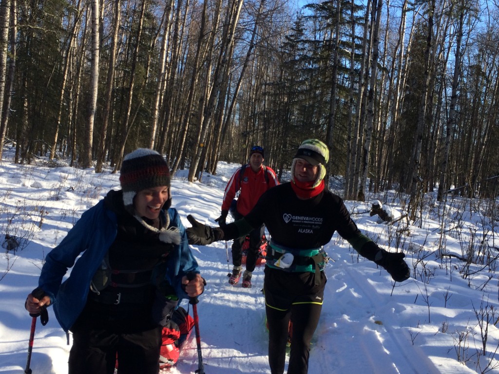 Runners David Johnston and Shawn McTaggart laugh it up a mile into the 2014 Iditarod Trail Invitational.  Photo courtesy of David Johnston.