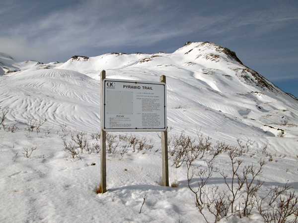 Pyramid Peak in snow last winter, seen from the Unalaska Valley side of the trail. (Lauren Rosenthal/KUCB)