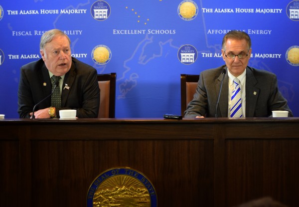 House Speaker Mike Chenault, R-Nikiski (left), and Senate President Kevin Meyer, R-Anchorage, participate in a press conference related to passage of House Bill 132. March 31, 2015. The bill, introduced on March 2nd by Chennault and other House Majority leaders, limits the Alaska Gasline Development Corporation's powers on the Alaska Stand Alone Pipeline. It was strongly criticized at the time by Gov. Bill walker, who was adamant it would weaken the state's position in pipeline negotiations. (Photo by Skip Gray/360 North)