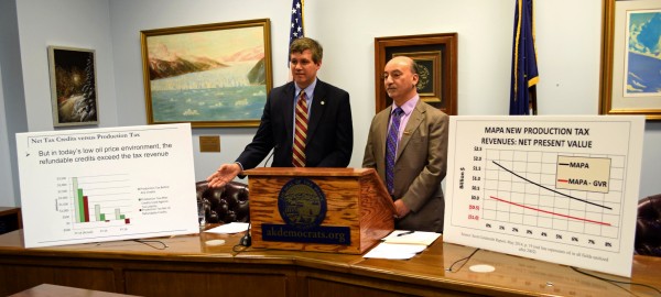 Sen. Bill Wielechowski and Rep. Les Gara present their proposed oil tax fix. (Photo by Skip Gray/360 North)