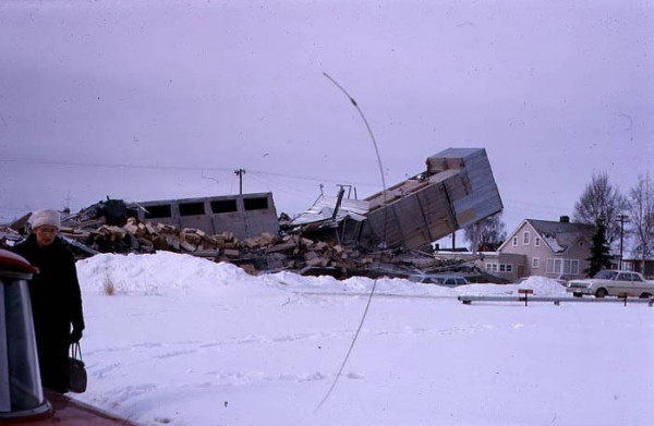 View of a building destroyed in Anchorage, Alaska after the March 27, 1964 earthquake. (Photo: Doyle and Gloria Bushman papers, Archives and Special Collections, Consortium Library, University of Alaska Anchorage)